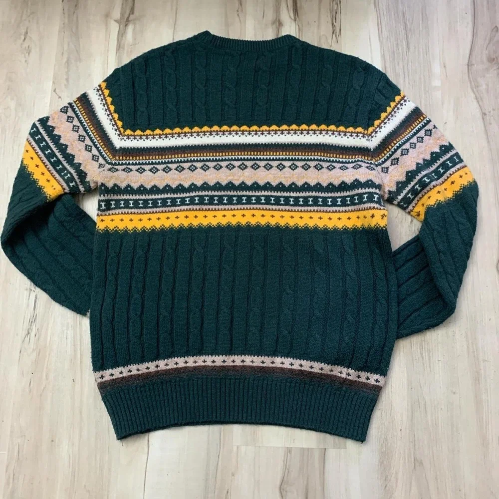 Vintage 70s Green Yellow Wool Knit Sweater Mens Medium Packers Colors Fair Isle